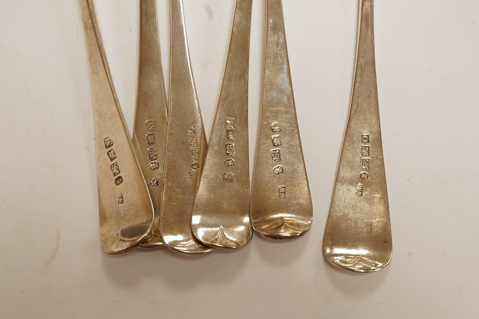 A set of six George III provincial silver table spoons by William Welch II, Exeter, 1807/8 & 1810, with engraved initials, 23cm, 12oz. Condition - fair to good